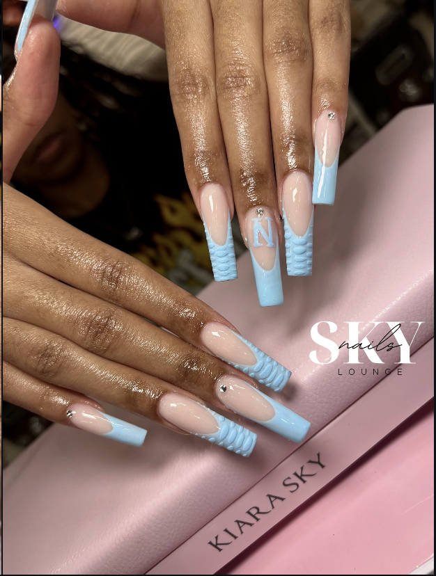 Baby blue textured french tip coffin nails