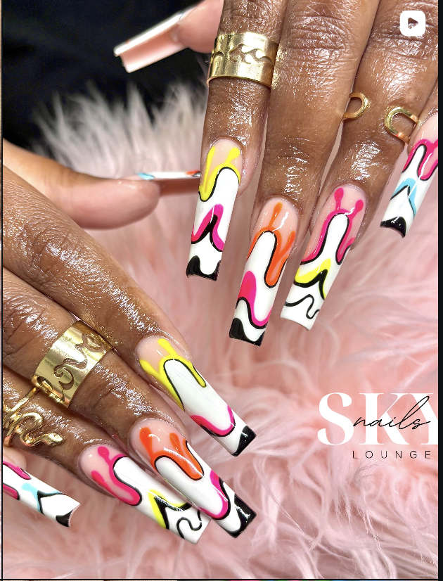 Colorful abstract swirl coffin nails
