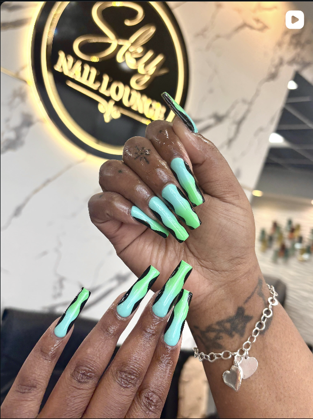 Green and teal swirl coffin nails