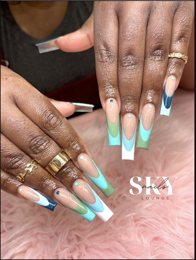 Pastel wave design french tip coffin nails