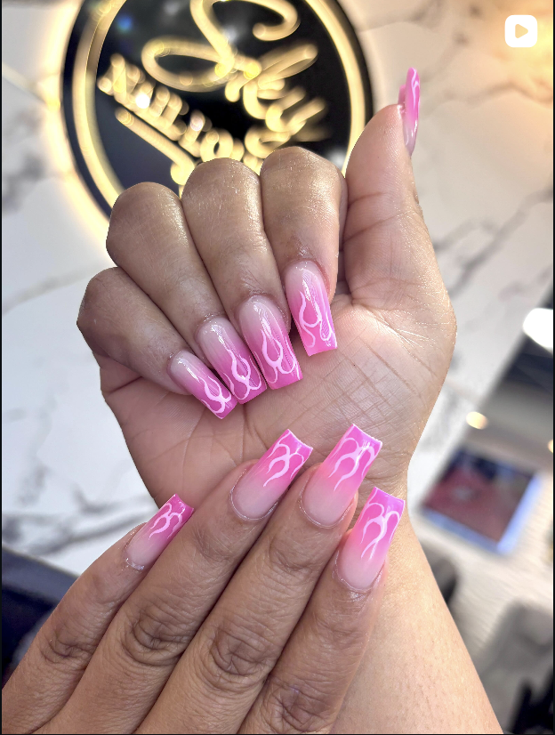 Pink ombre flame design nails