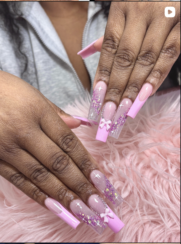 Pink glitter bow nails